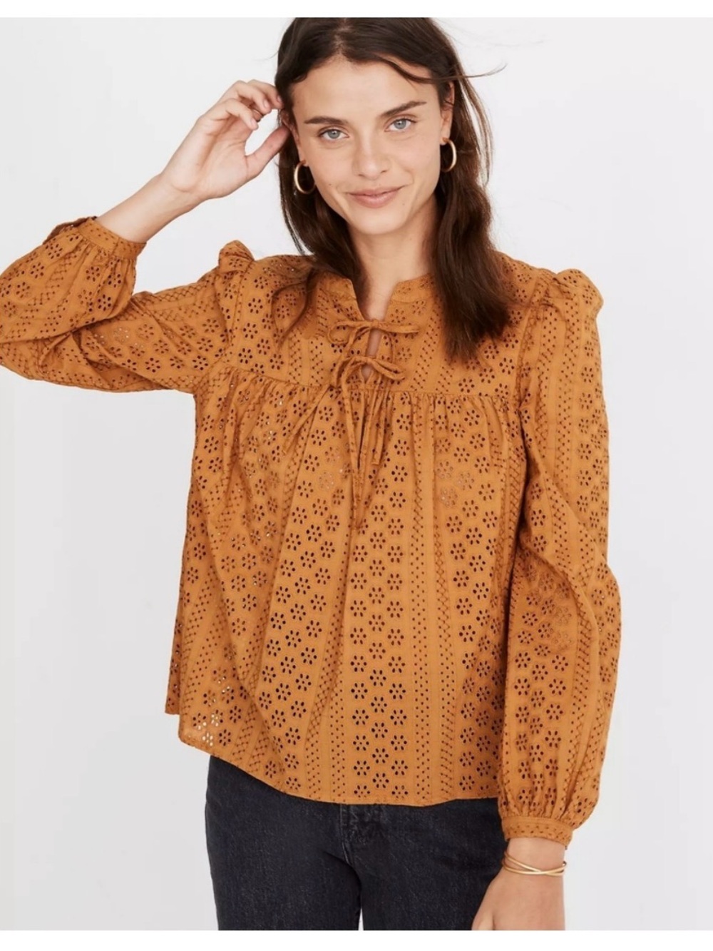 Madewell eyelet double tie peasant top size medium